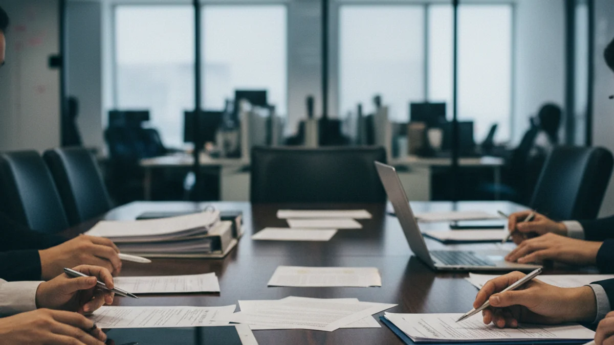 Representació d'una reunió corporativa d'alt nivell on es prenen decisions financeres importants sobre fusions i adquisicions.