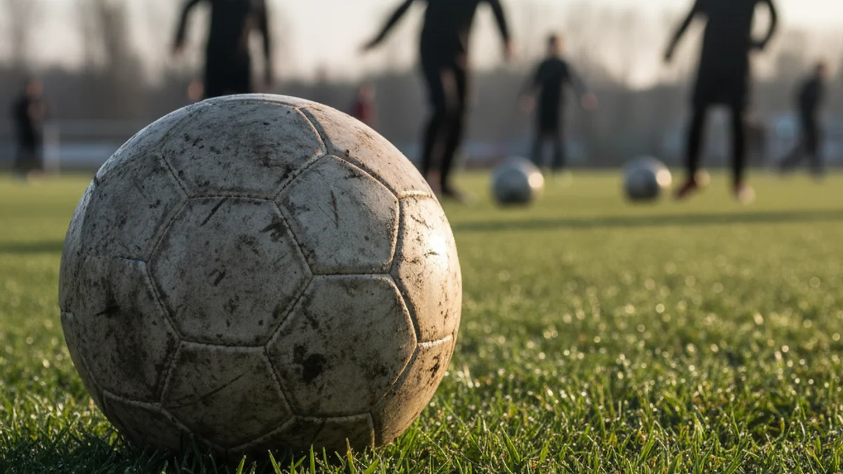 Una pilota de futbol en un camp d'entrenament, simbolitzant el futbol base i la formació esportiva.