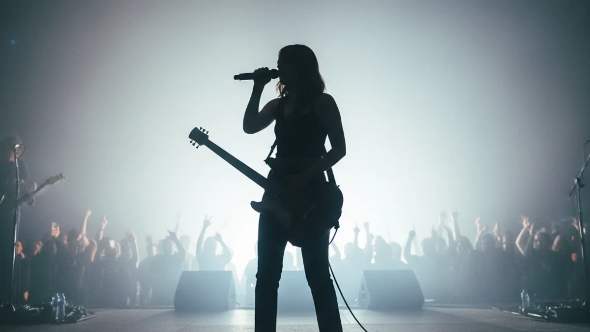 Una silueta d'una jove cantant amb un micròfon en un escenari gran il·luminat per focus de colors.
