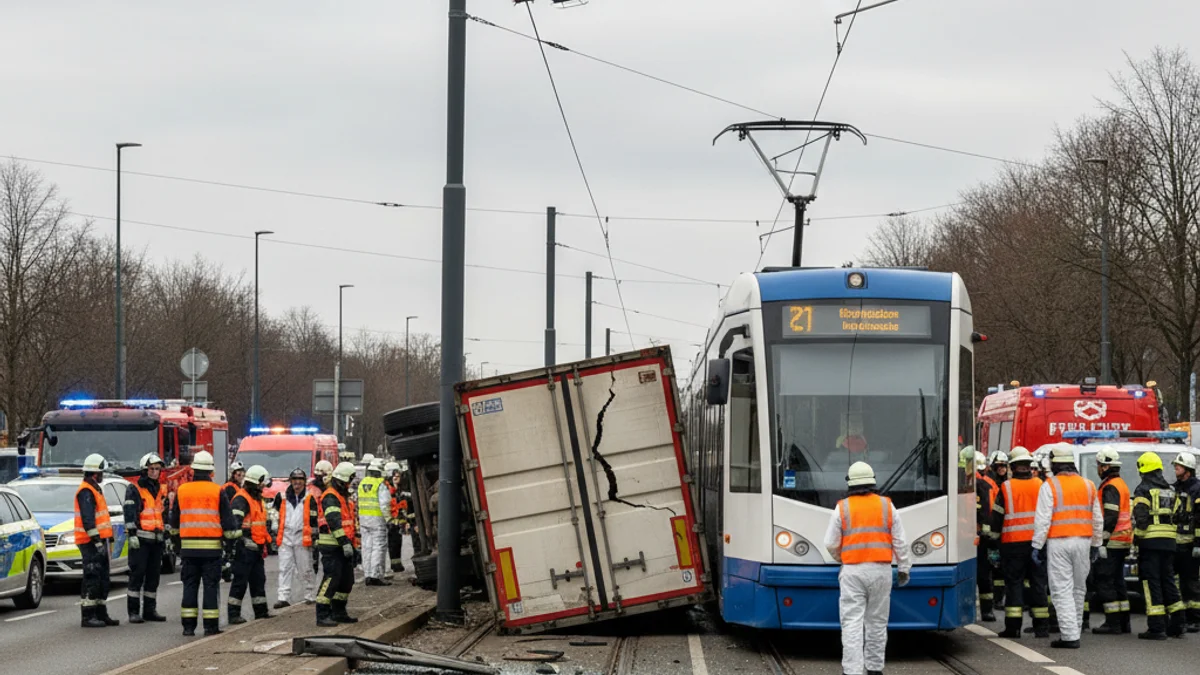 Imatge genèrica d'un camió bolcat a prop d'unes vies de tramvia amb presència de serveis d'emergència.