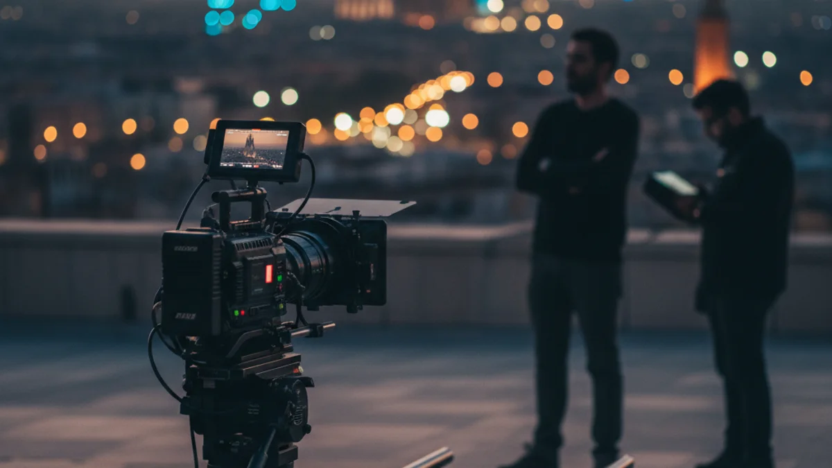Imatge genèrica d'una càmera de cinema durant el rodatge d'una producció audiovisual.
