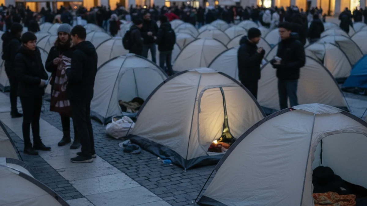 Imatge genèrica d'una acampada de protesta amb tendes de campanya en una plaça urbana.