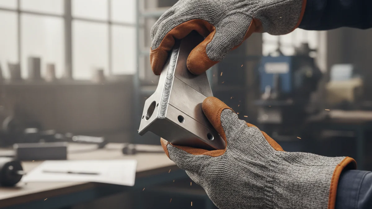 Detall de mans treballant en una peça metàl·lica en un entorn industrial.