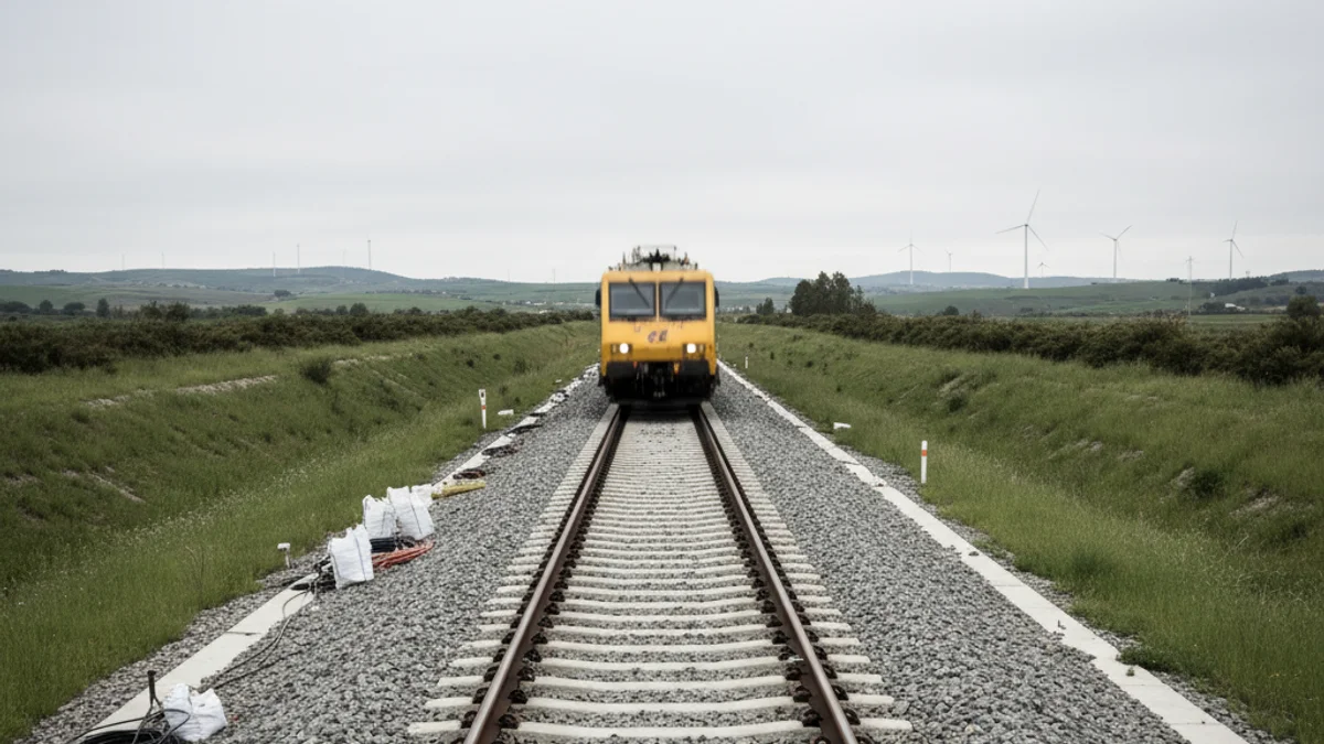 Imatge genèrica de les vies d'alta velocitat (AVE) amb equipament de manteniment a la distància.