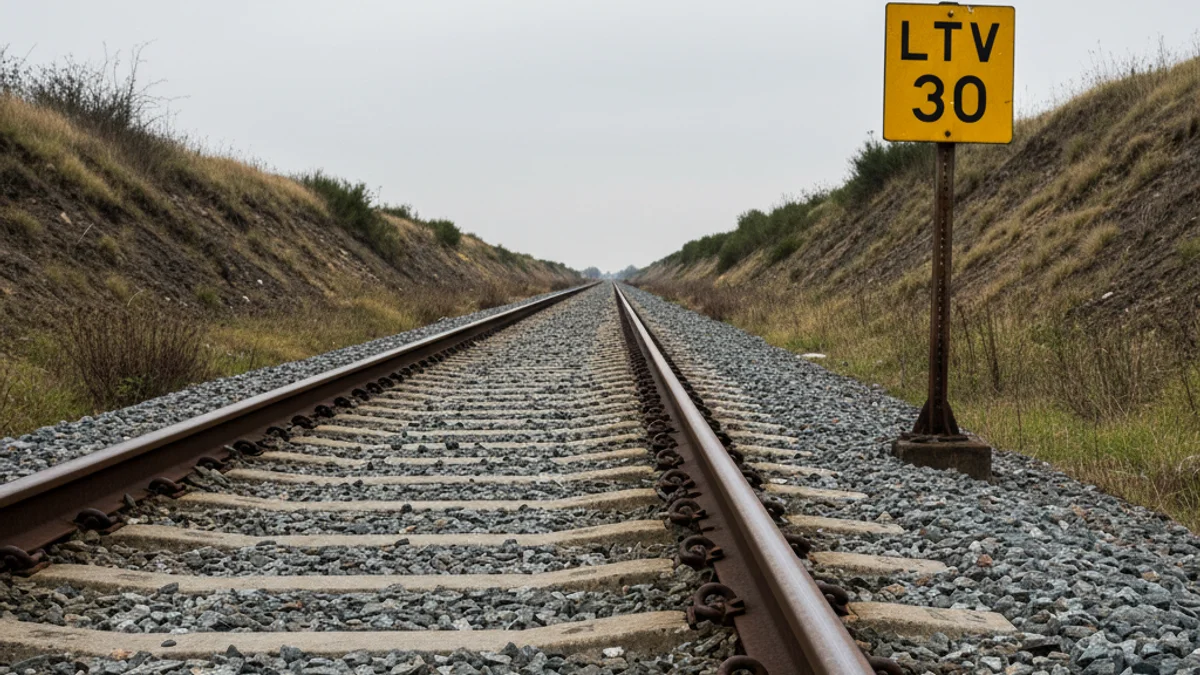 Imatge genèrica d'un tram de via de tren amb un senyal de limitació de velocitat.
