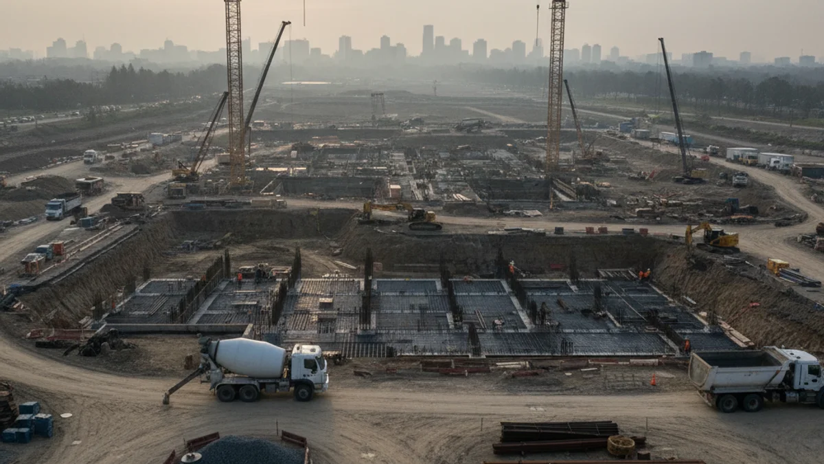 Imatge genèrica d'un solar en obres amb maquinària de construcció i tanques de seguretat.