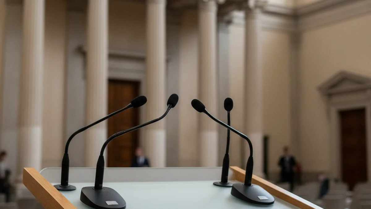 Imatge genèrica d'uns micròfons en un faristol durant una presentació política institucional.