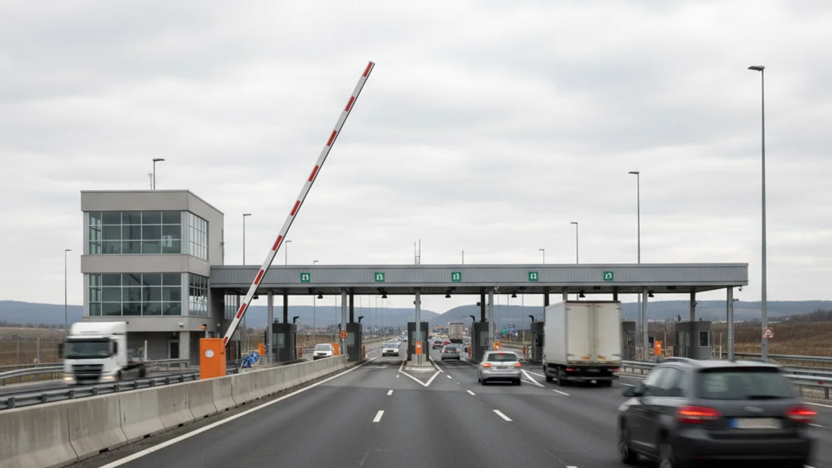 Imatge genèrica d'una barrera de peatge aixecada en una autopista buida, simbolitzant la gratuïtat.