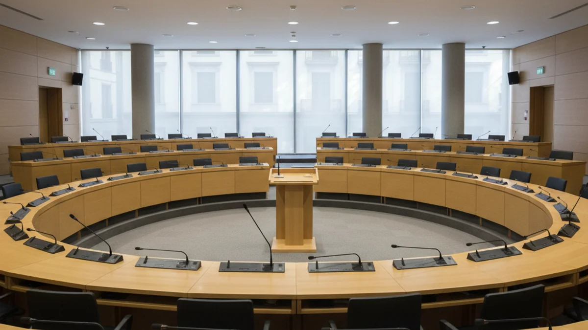 Sala de plens municipal buida amb micròfons preparats per a una sessió de l'Ajuntament.