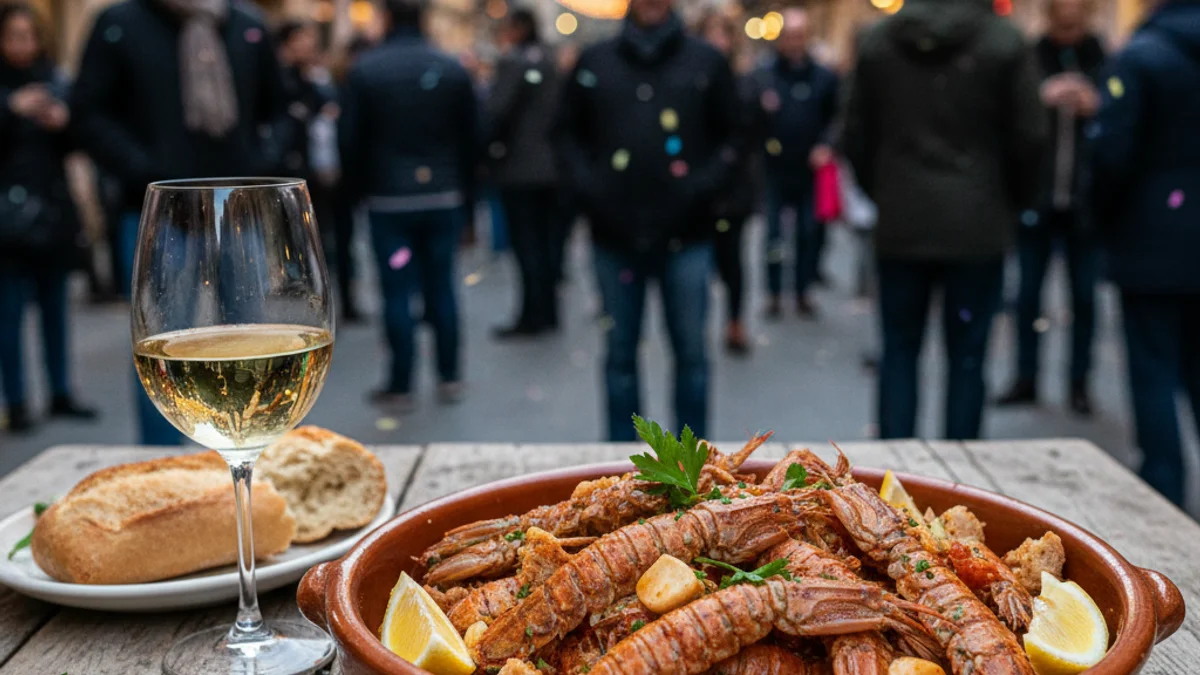Imatge genèrica d'un plat de galeres maridat amb vi blanc en un entorn festiu.