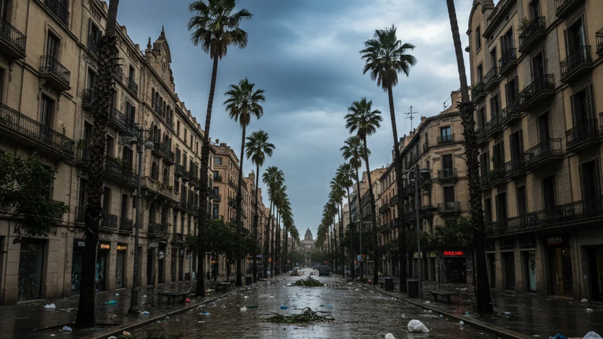 Imatge d'un carrer buit amb arbres movent-se pel fort vent durant una alerta meteorològica.
