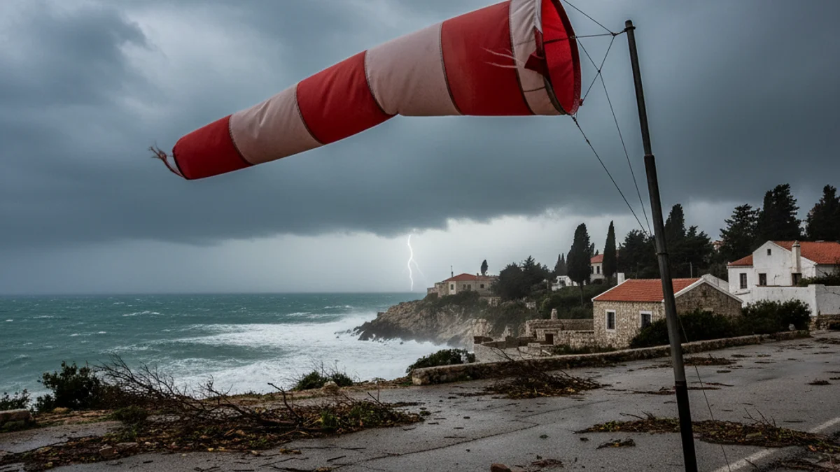 Un indicador de vent es mou violentament sota un cel tempestuós en una zona costanera.