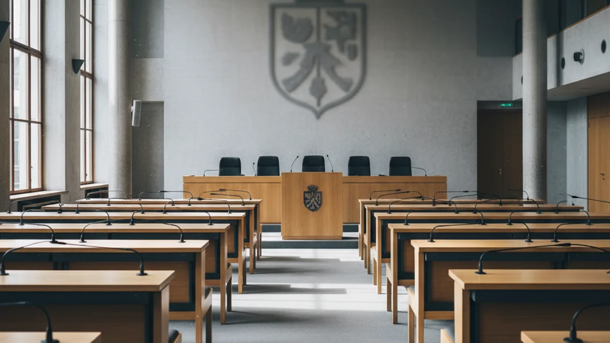 Imatge genèrica d'una sala de plens municipal buida amb micròfons sobre la taula.