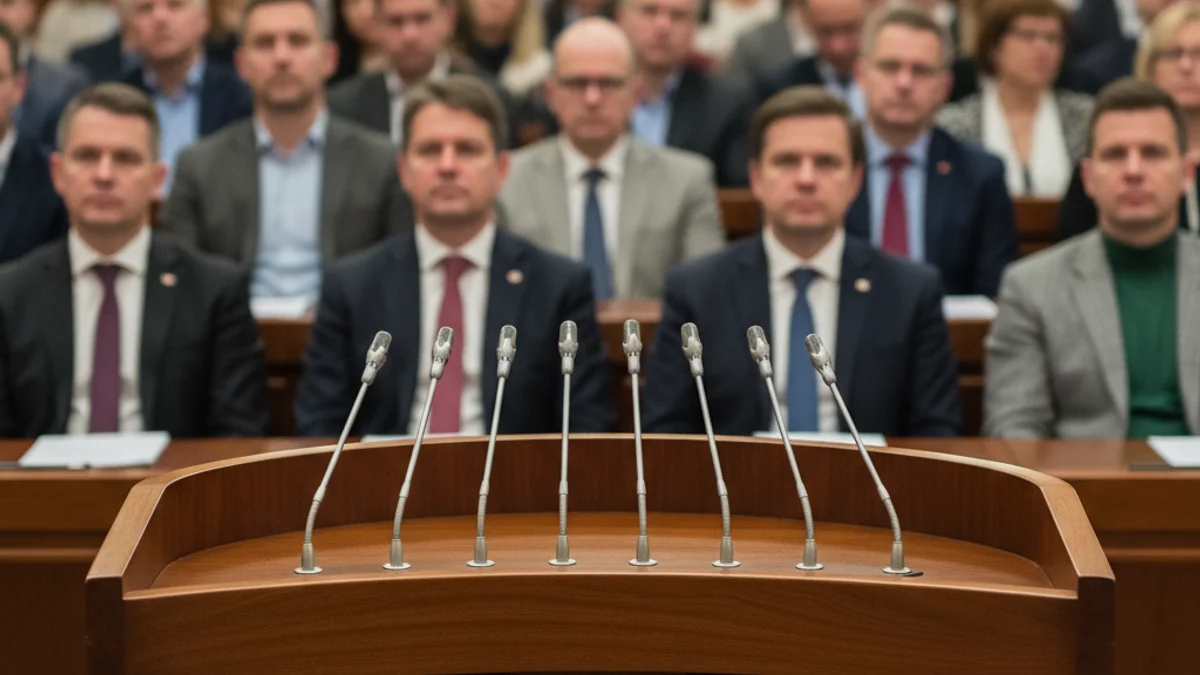 Imatge genèrica d'uns micròfons en un podi durant una reunió política.