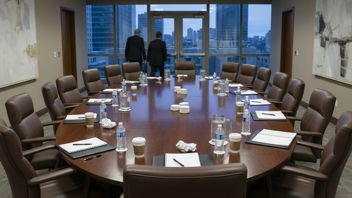 Una taula de reunió buida amb documents i cadires, simbolitzant una convenció política interna per planificar una estratègia.