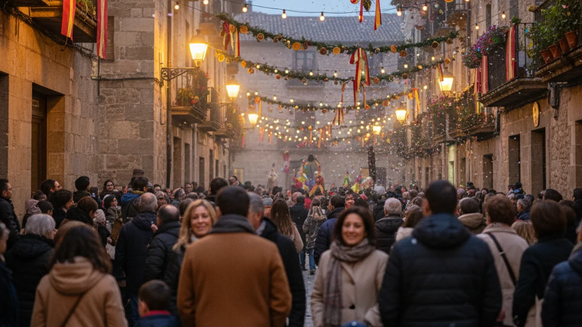 Imatge genèrica d'una celebració festiva en una plaça d'un poble amb gent i decoració.