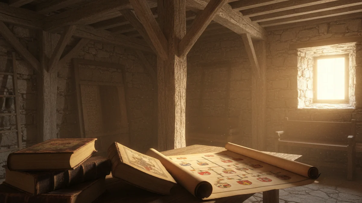 Imatge genèrica d'un llibre d'història i un escut d'armes sobre una taula de fusta en un entorn rústic.