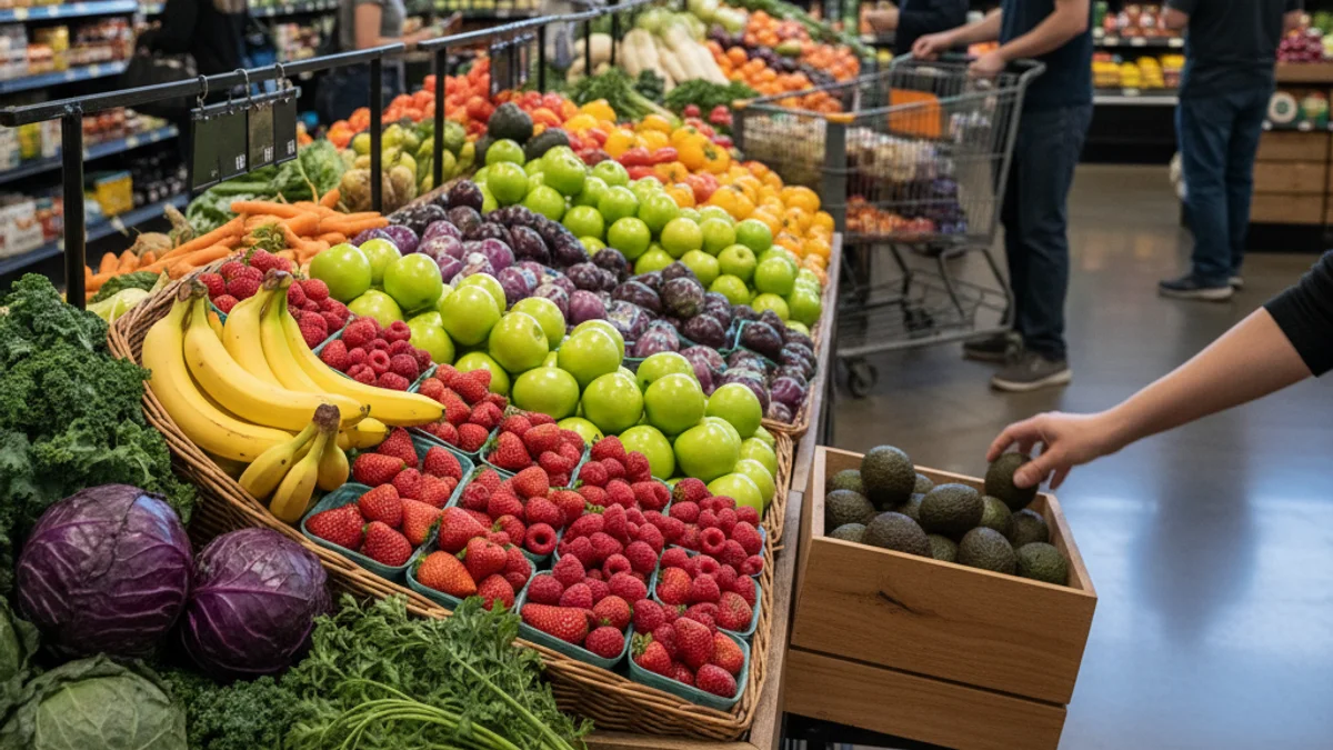 Imatge genèrica d'un expositor de fruites i verdures fresques en un supermercat, destacant la qualitat i la varietat.