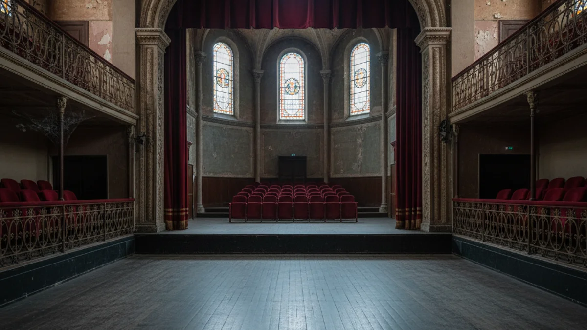 Escenari buit d'un teatre antic amb il·luminació suau, preparat per a una actuació cultural.