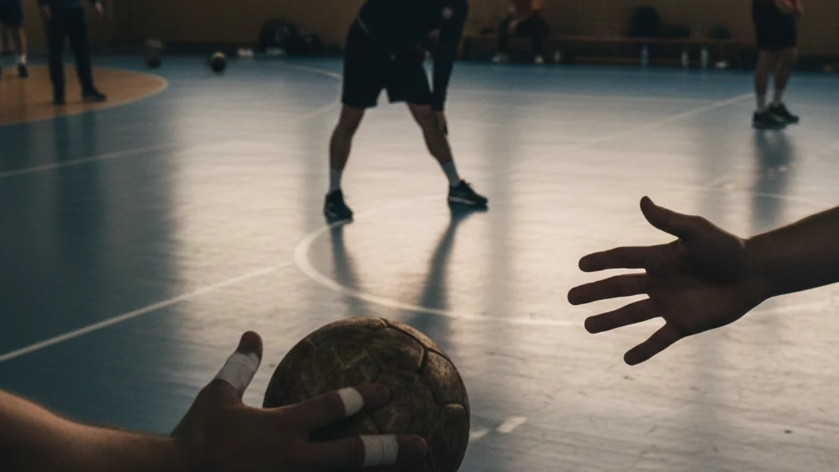 Imatge genèrica d'una pista d'handbol durant un entrenament, amb figures borroses o siluetes d'atletes.