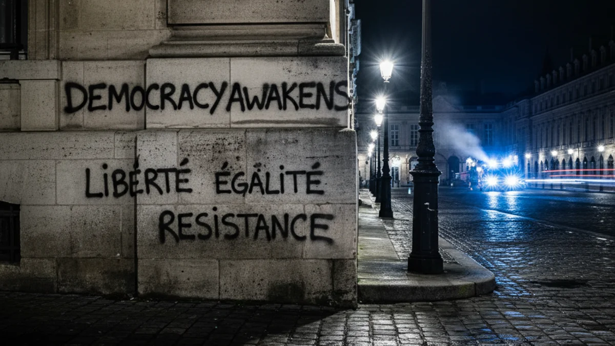Generic image of a public building facade with protest graffiti.