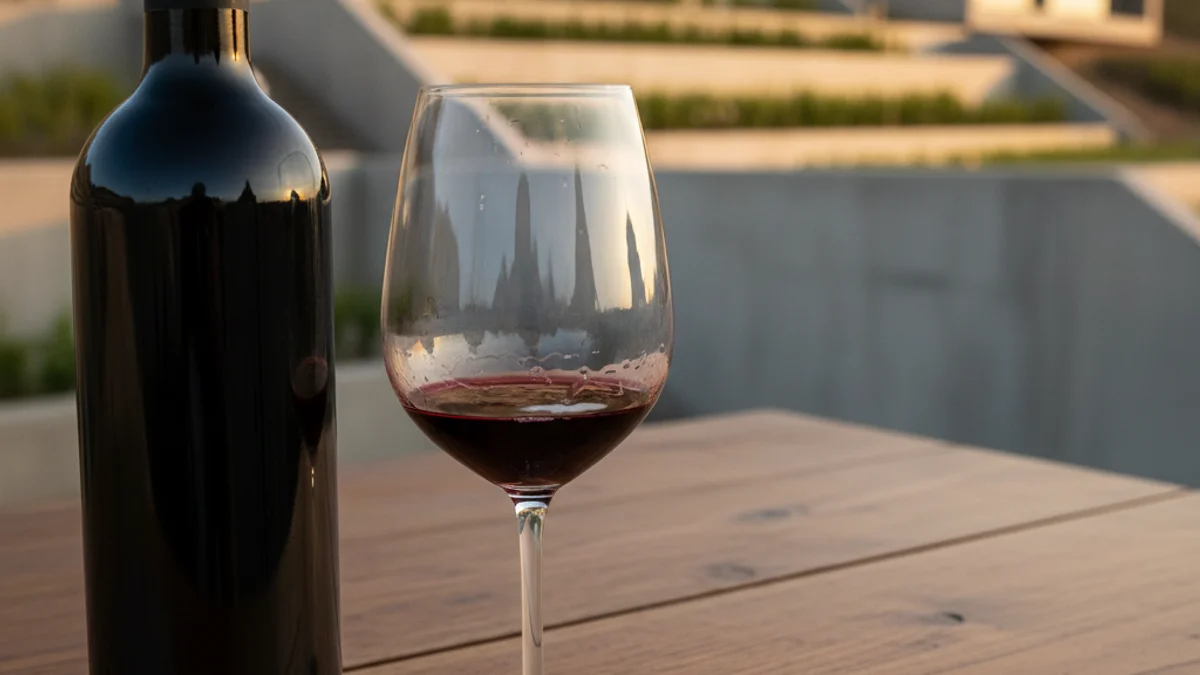 Imatge genèrica d'una copa de vi negre en un celler modern.