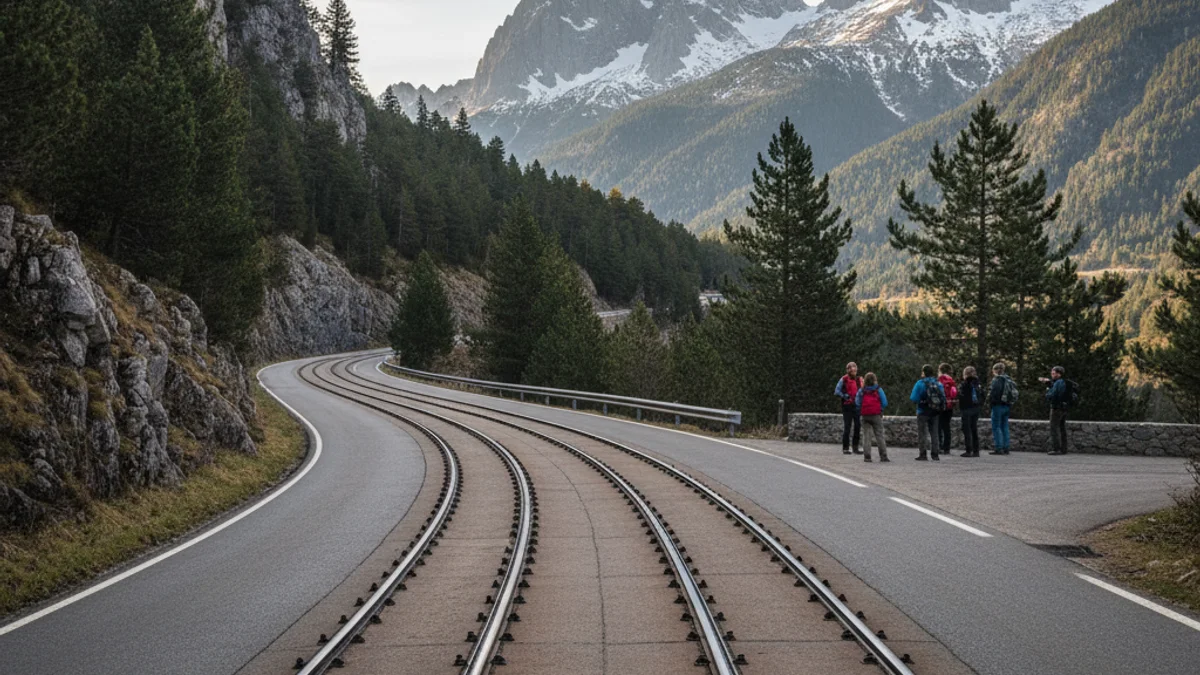 Imatge genèrica d'unes vies de tramvia integrades en un paisatge de muntanya.
