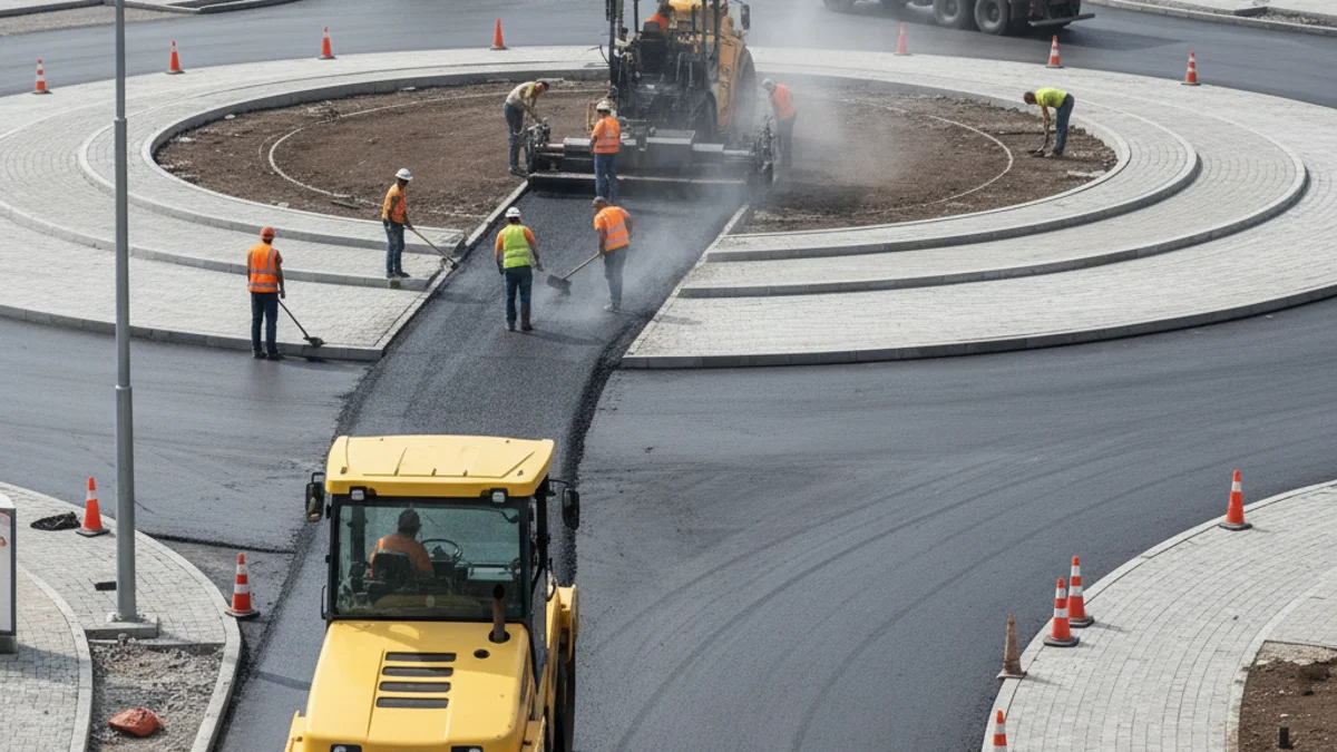 Imatge genèrica de treballs d'asfaltatge en una rotonda urbana amb maquinària de construcció.