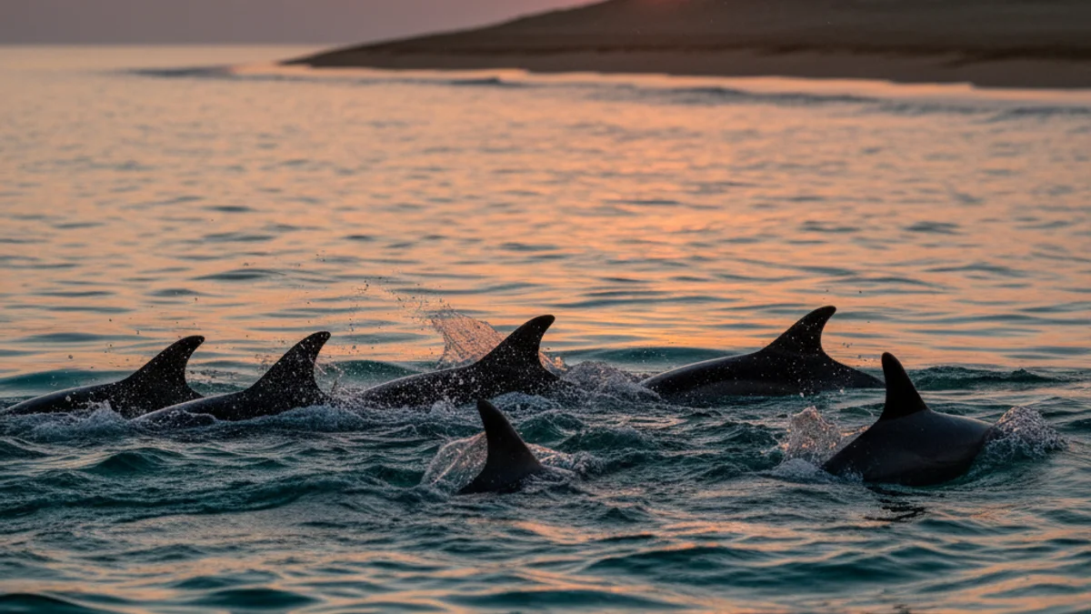 Imatge genèrica d'un grup de dofins nedant al mar durant la posta de sol.