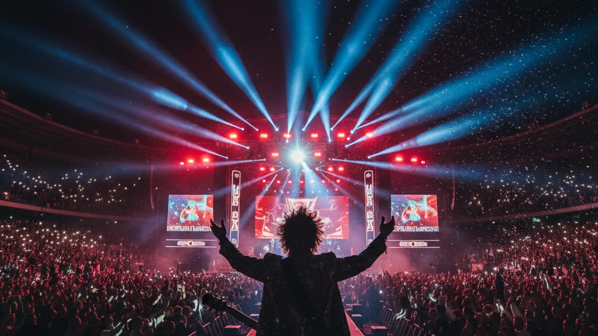 Imagen genérica de un gran concierto multitudinario en un estadio durante la noche.