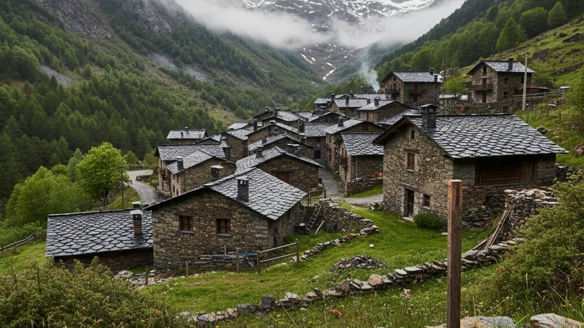 Imatge genèrica d'un poble d'alta muntanya als Pirineus amb cases de pedra.