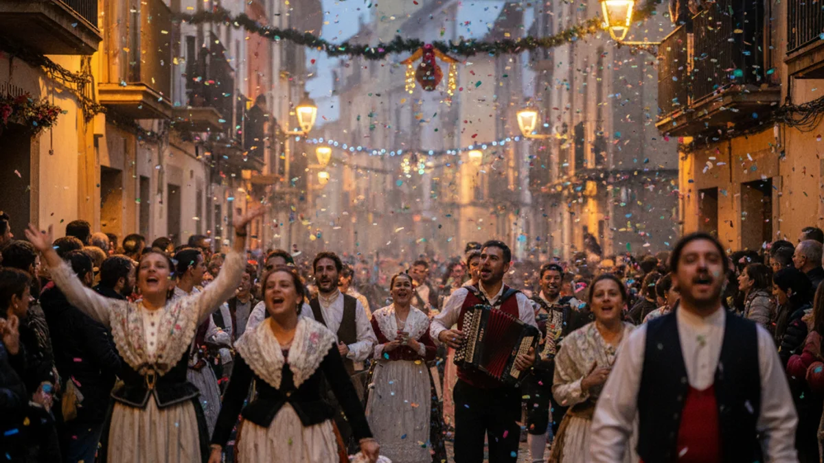 Generic image of a festive street celebration with people and colorful lights.