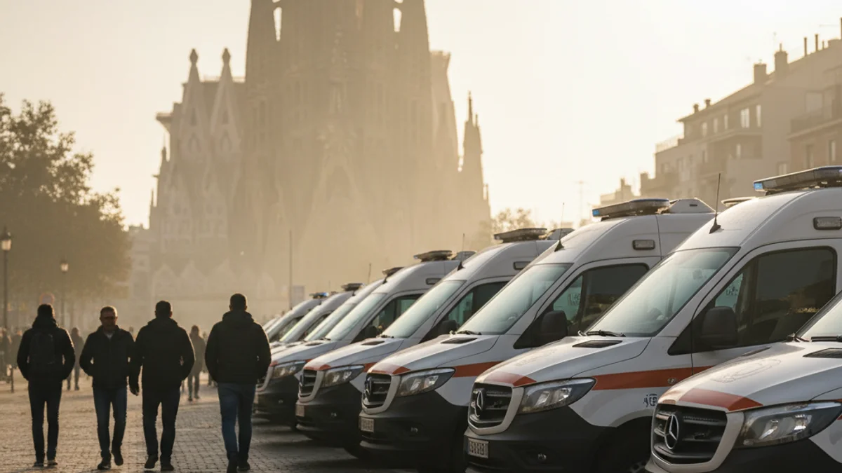 Imatge genèrica d'una filera d'ambulàncies preparades per a una missió humanitària davant d'un monument.