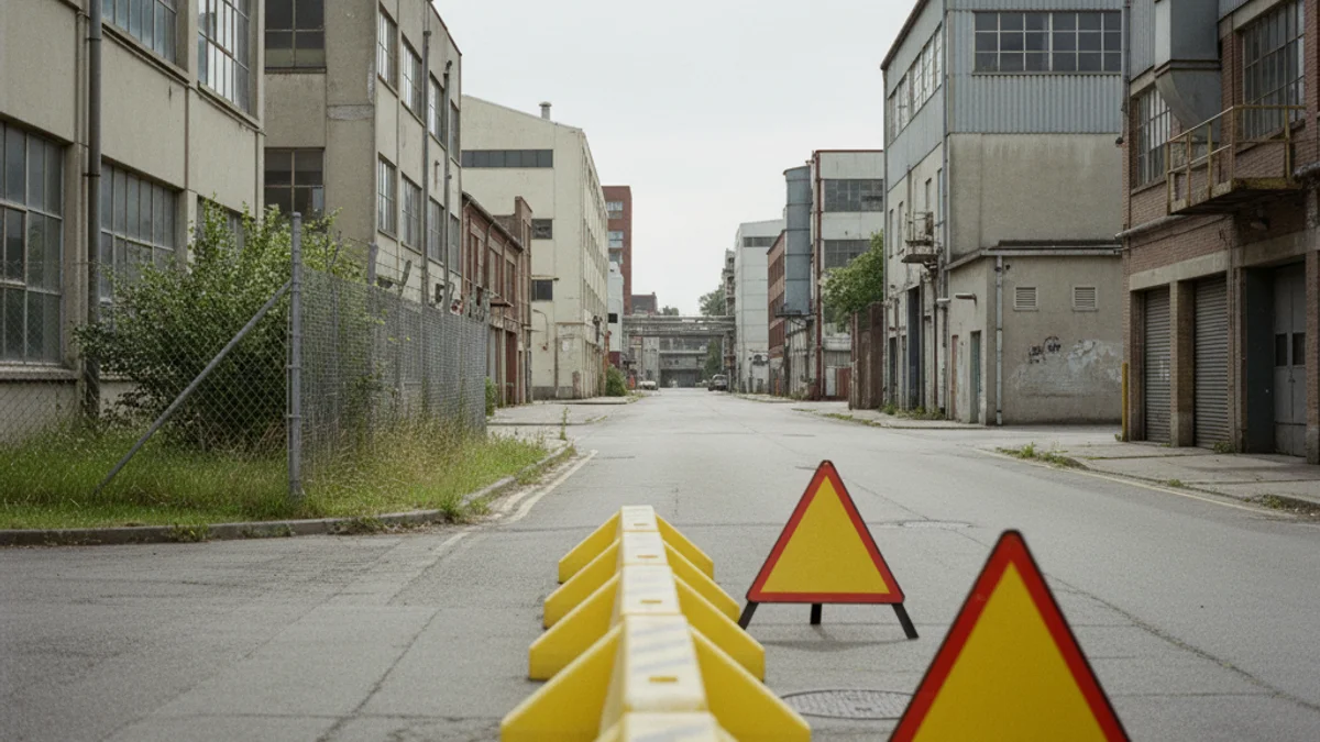 Vista general d'un carrer d'un polígon industrial amb tanques d'obra i senyalització urbana.