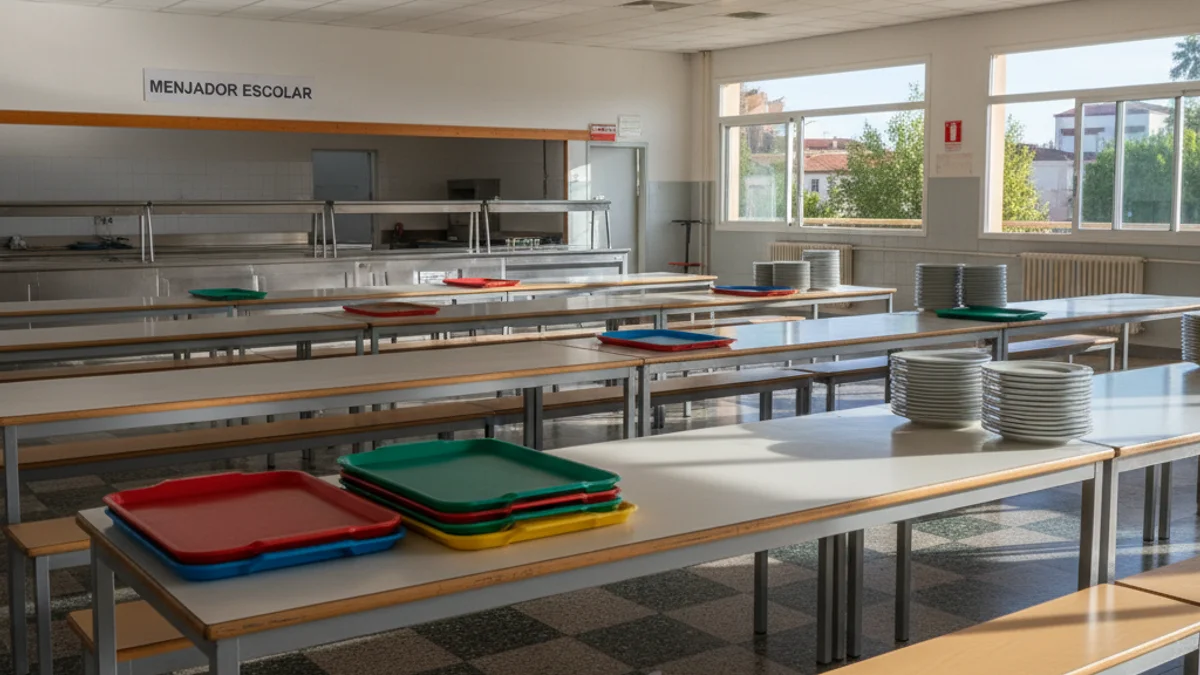 Generic image of a school canteen with trays and tables prepared for students.