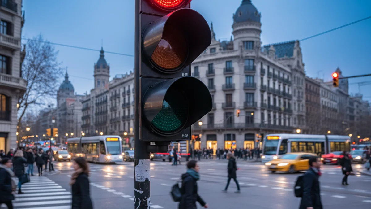 Imatge genèrica d'un semàfor amb tecnologia LED en una cruïlla urbana.