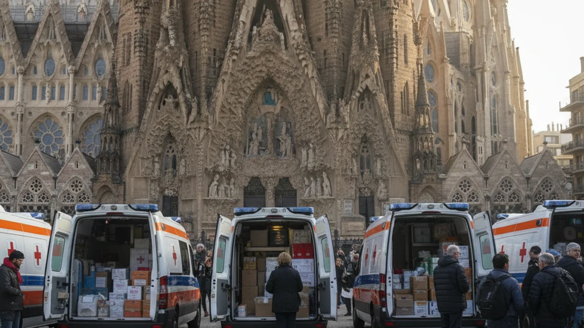 Imatge genèrica d'una caravana d'ambulàncies i vehicles d'ajuda humanitària estacionats davant d'un temple religiós.