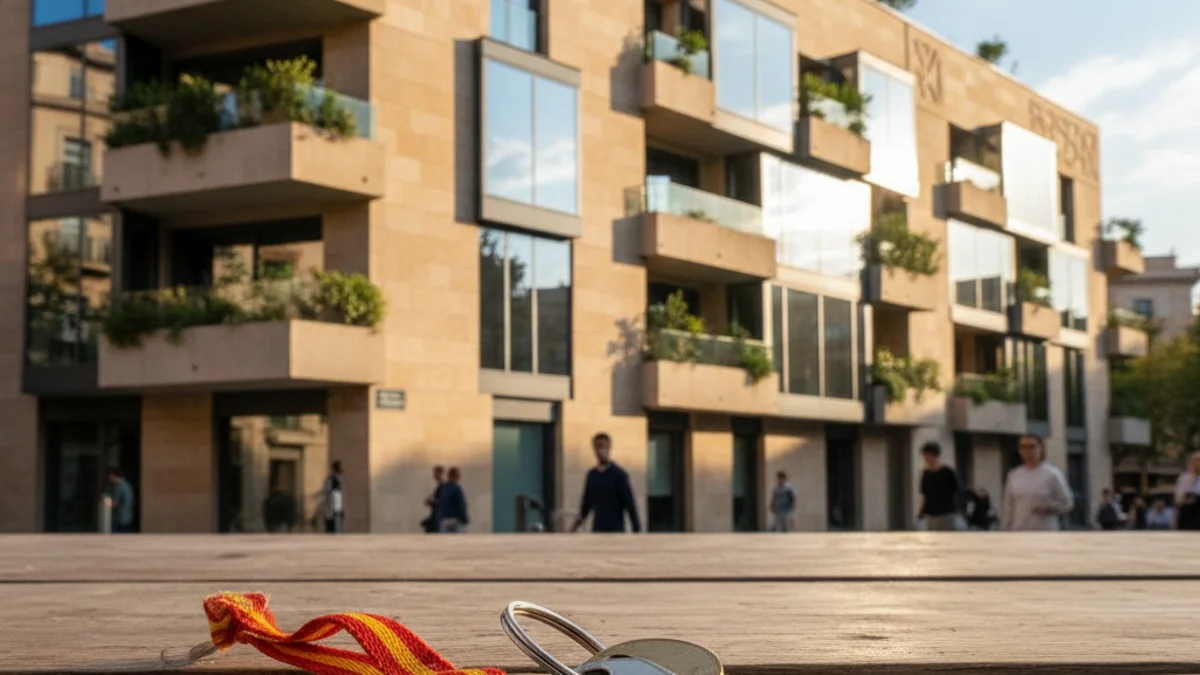 Imatge genèrica d'unes claus de casa sobre una taula amb un edifici de fons.