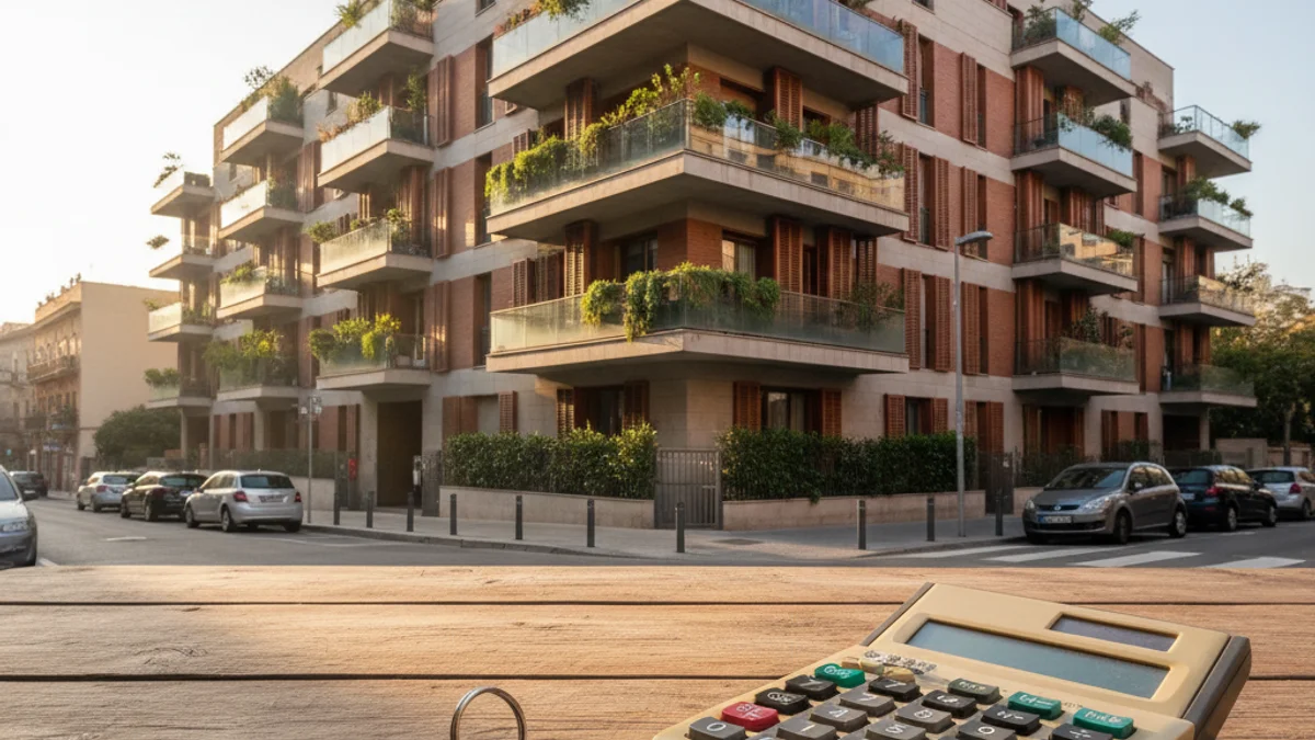 Imagen genérica de unas llaves de casa sobre una mesa con un edificio de viviendas al fondo.