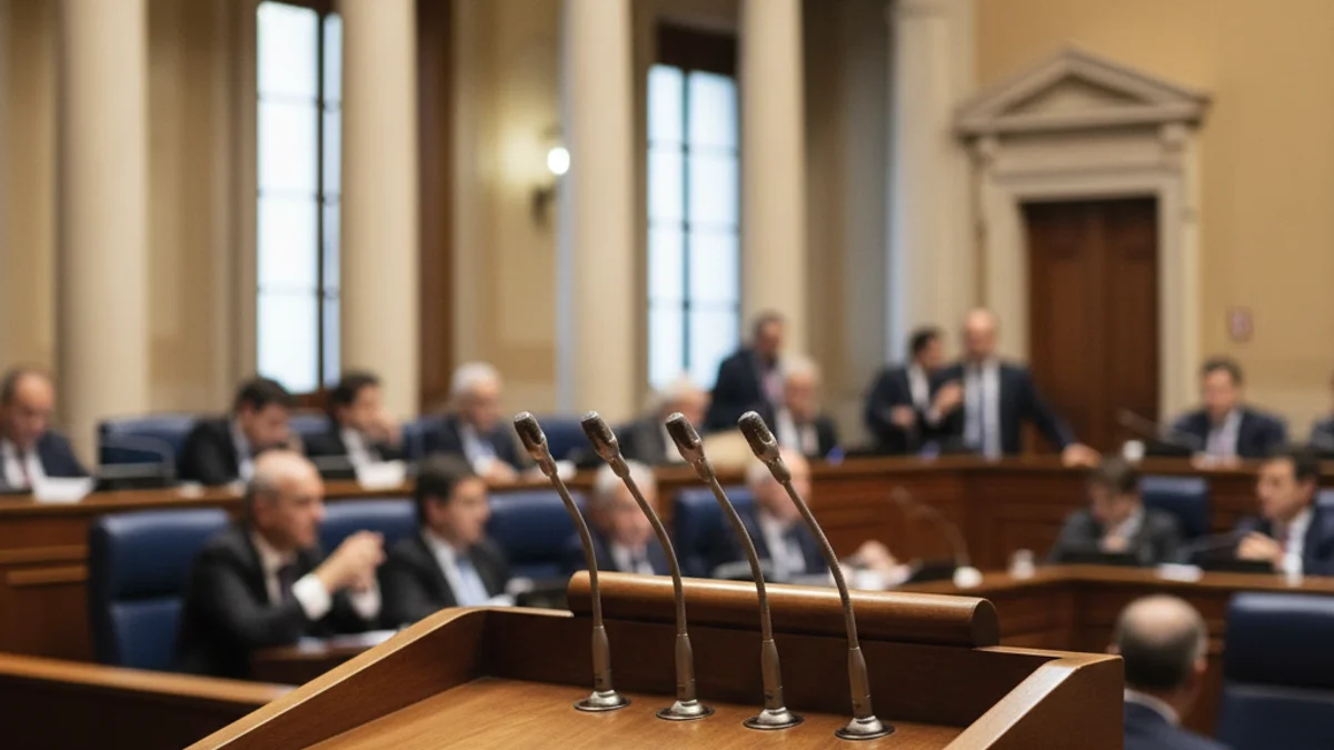 Imagen genérica de un atril con micrófonos en una sala de plenos municipal.