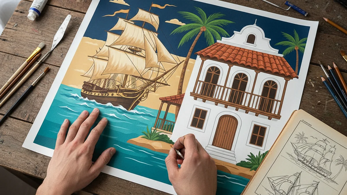 Il·lustració genèrica d'un concurs de cartells, amb elements que recorden el mar i el llegat indià.