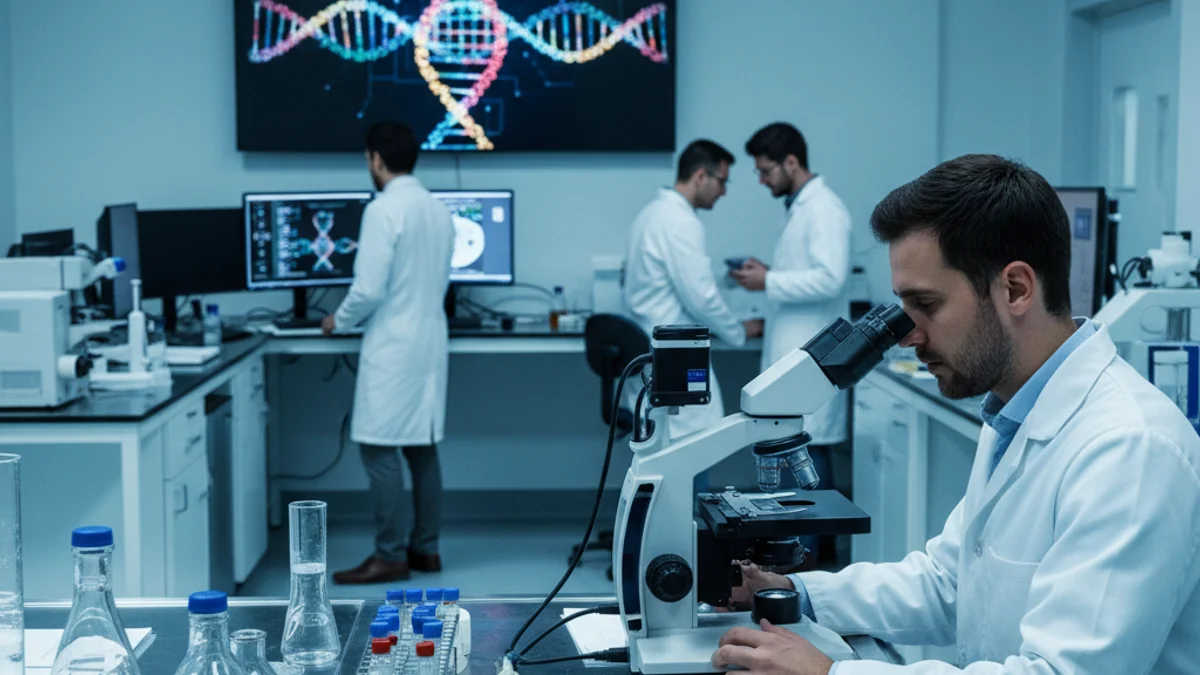 Imatge genèrica d'un laboratori de recerca biomèdica amb un microscopi i pantalles de dades genètiques.