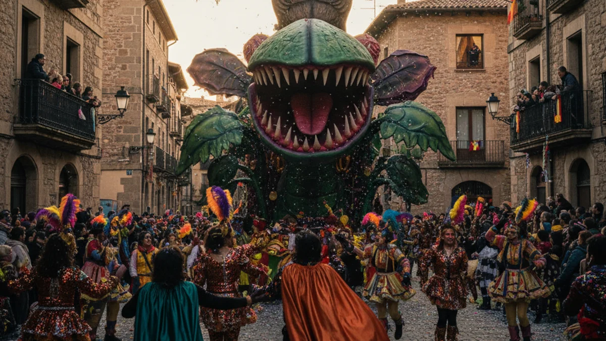 Imatge genèrica d'una carrossa de carnaval desfilant per un carrer amb gent disfressada.