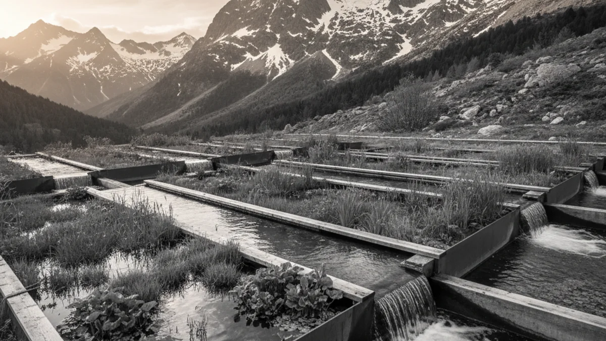 Imatge genèrica d'un sistema de depuració d'aigües mitjançant aiguamolls artificials en una zona de muntanya.