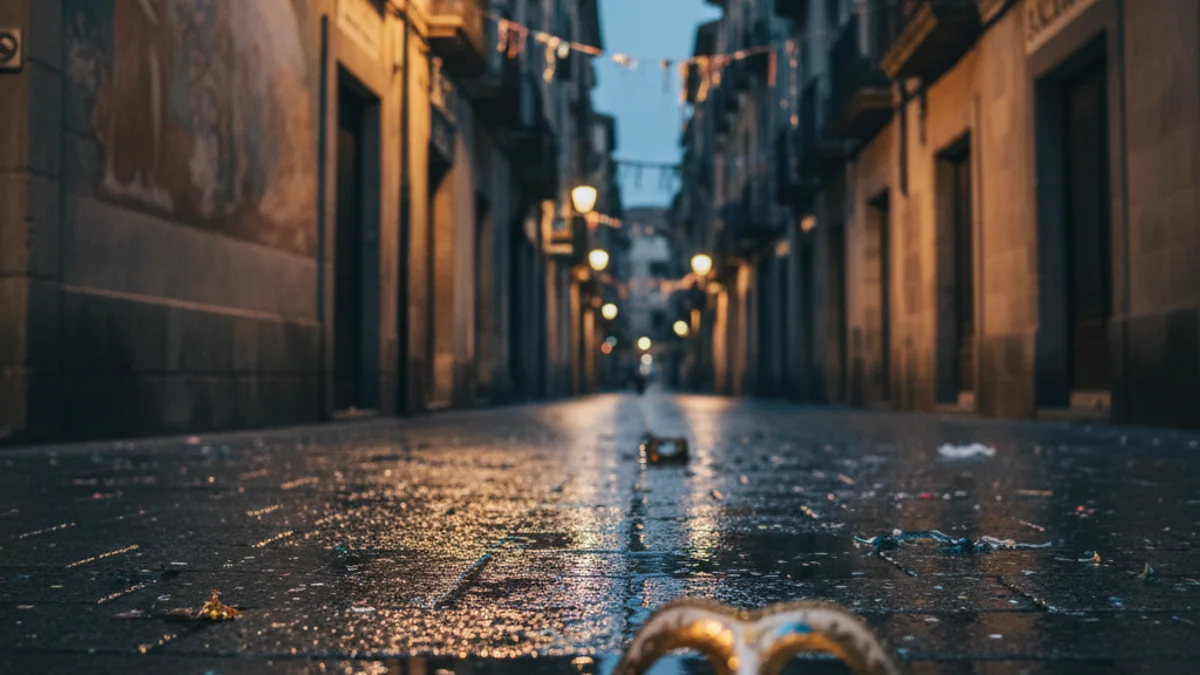 Generic image of an empty street after a festive celebration with dim lights.