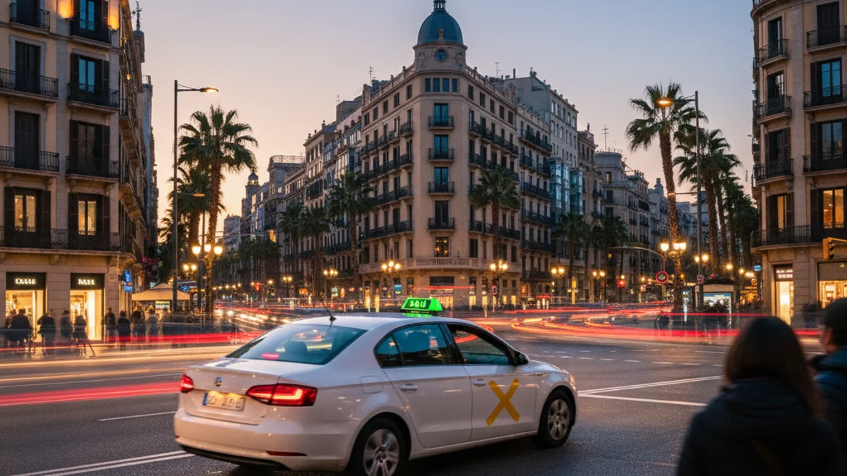 Imatge genèrica d'un taxi circulant per una zona urbana amb llums de ciutat al fons.