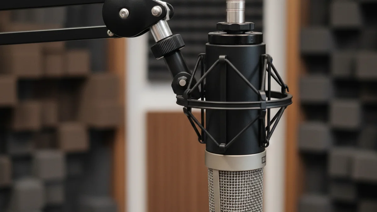 Micròfon d'estudi de ràdio en un entorn professional de comunicació.