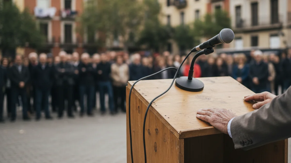 Imatge genèrica d'un acte de campanya en un barri popular de Barcelona, amb focus en un micròfon o un podi.