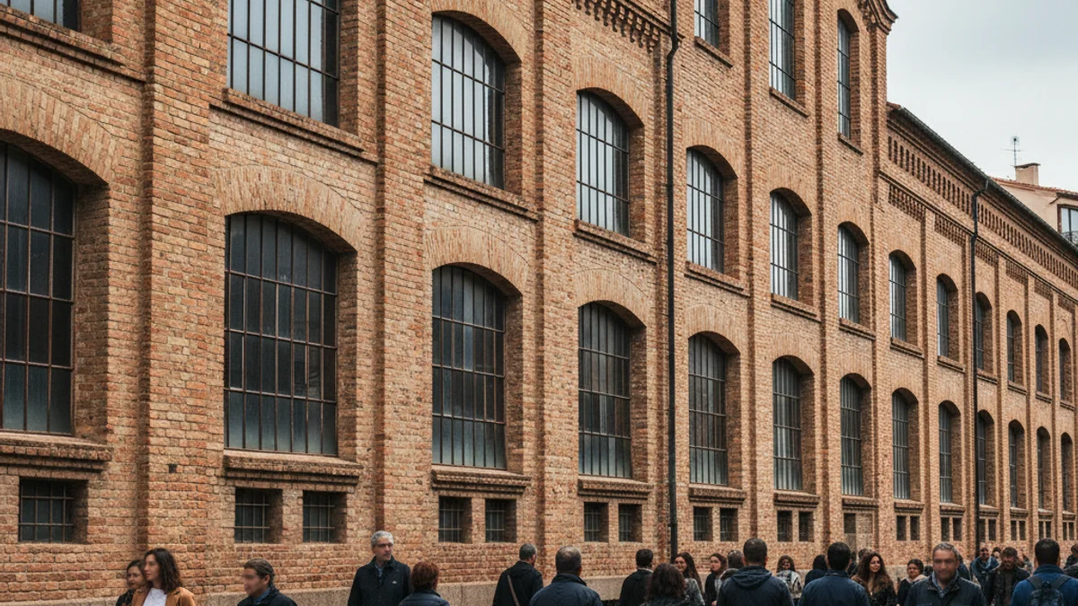 Imagen genérica de la fachada de una antigua nave industrial de ladrillo visto.