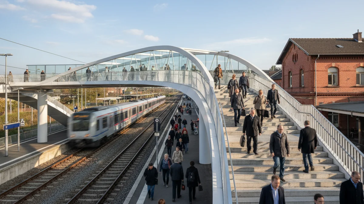Generic image of a modern pedestrian bridge next to a railway line.